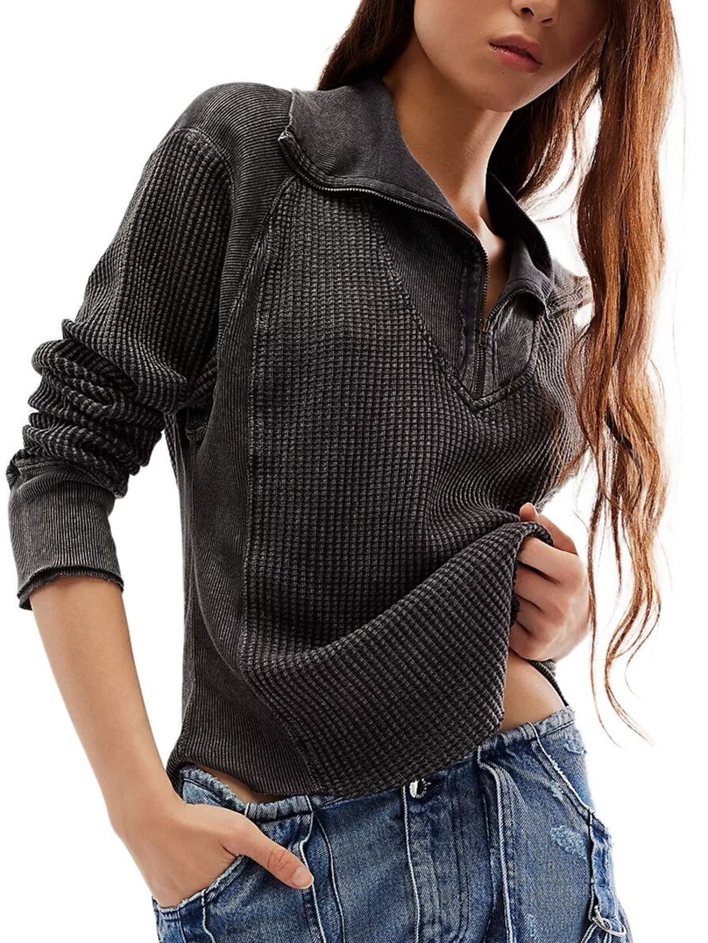 Free People Ashton Zip Thermal Waffle Long Sleeve Pullover Top Black/Gray XS
